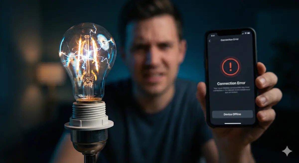 Bombilla inteligente con fallo eléctrico parpadeando y móvil mostrando error de conexión