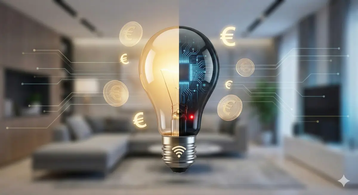 Bombilla inteligente apagada consumiendo electricidad.