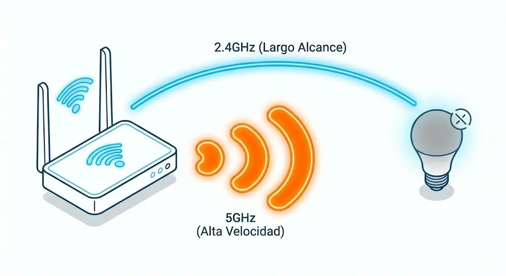 Esquema comparativo de alcance WiFi 2.4GHz vs 5GHz para bombillas inteligentes