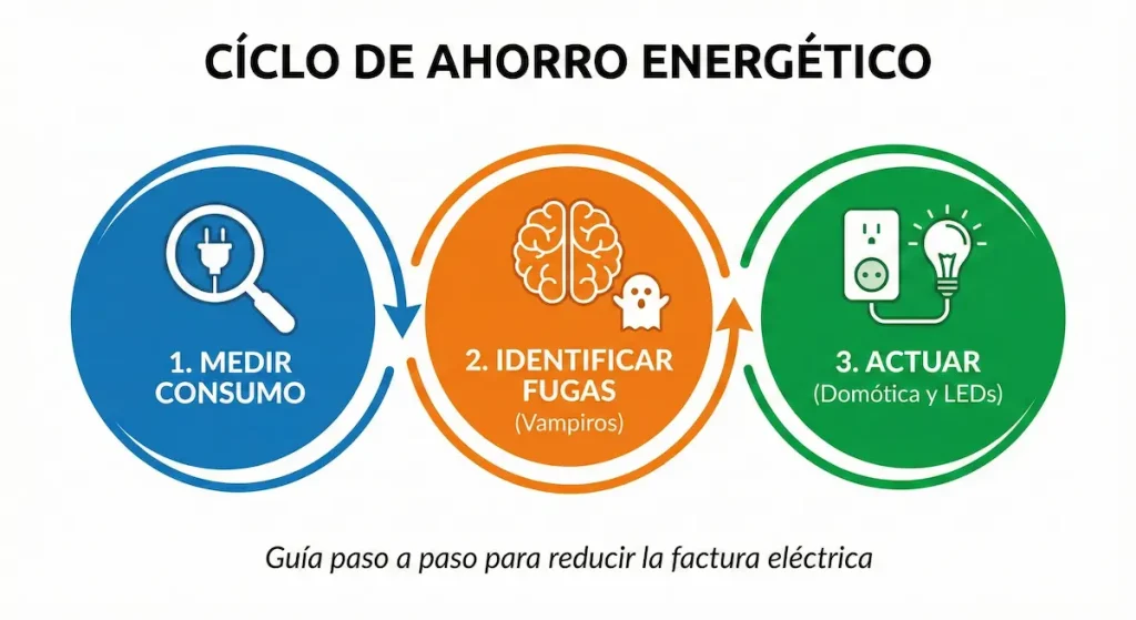 Infografía pasos para ahorrar luz en casa, medir identificar y actuar