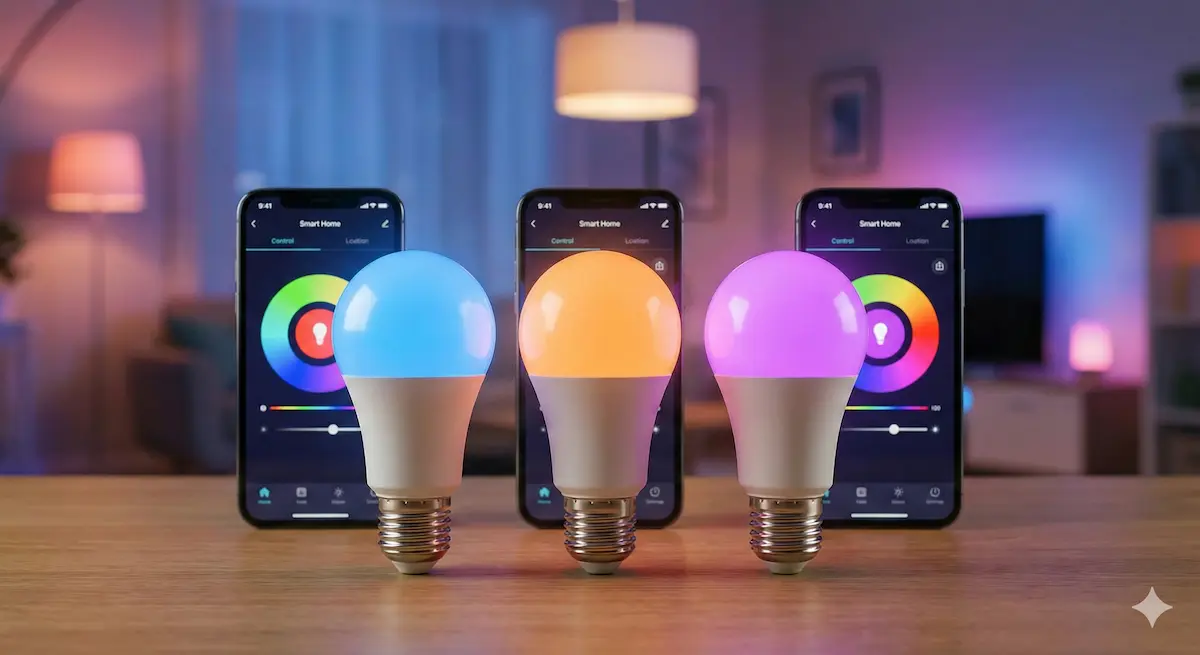 Comparativa de las tres mejores bombillas inteligentes de 2026 encendidas en colores azul, naranja y morado controladas por móvil