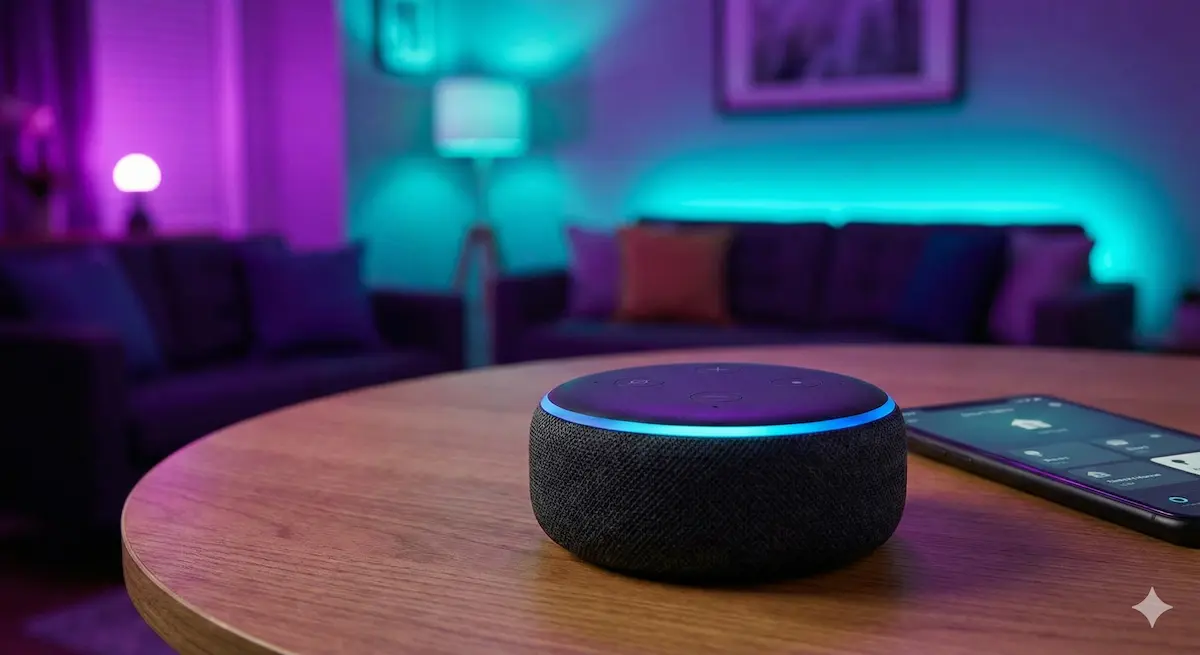Altavoz inteligente Amazon Echo Dot sobre una mesa con fondo de salón moderno iluminado con luces LED de colores violeta y cian controladas por voz