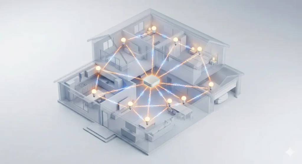 Esquema de red malla Zigbee en una casa grande.