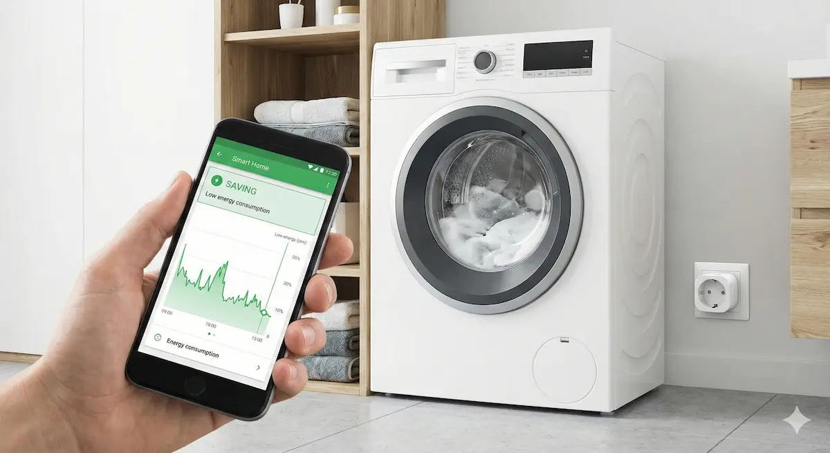 Lavadora funcionando conectada a un enchufe inteligente para medir consumo.