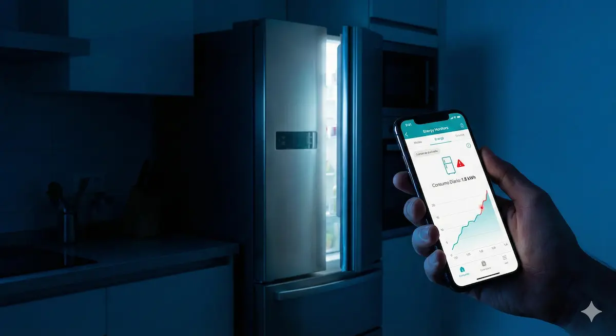 Nevera consumiendo luz por la noche medida con app inteligente.
