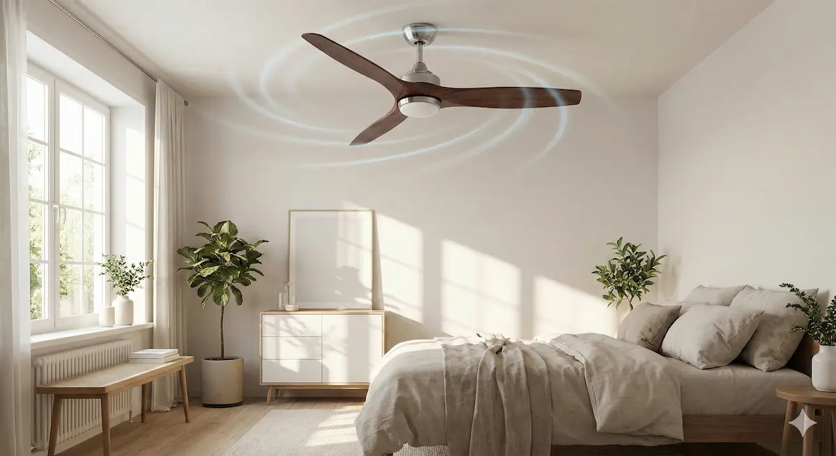 Ventilador de techo moderno madera en dormitorio.