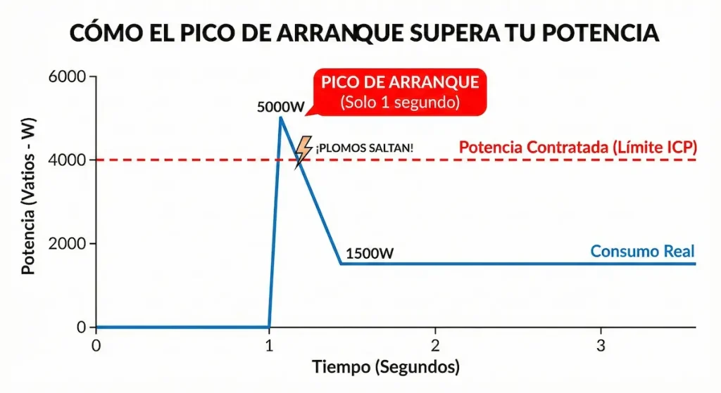 Gráfico explicando qué es un pico de arranque eléctrico y cómo supera la potencia.