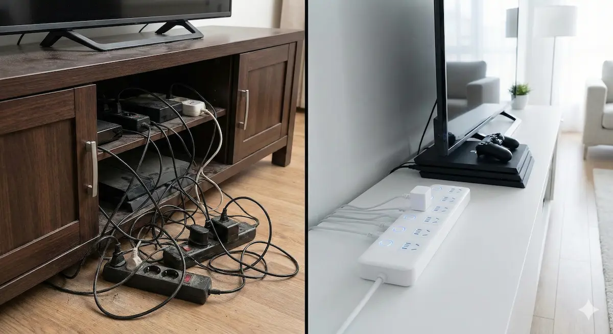 Comparativa visual: caos de cables vs orden con regleta inteligente.