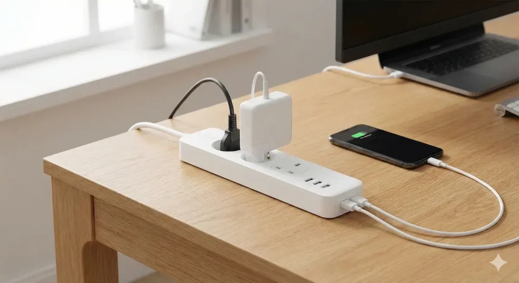 Regleta inteligente en escritorio conectando PC y cargando móvil por USB