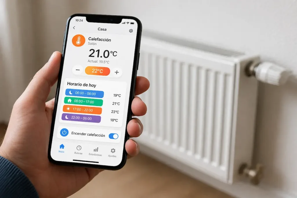 Controlando un termostato inteligente wifi desde la aplicación móvil para ahorrar calefacción.