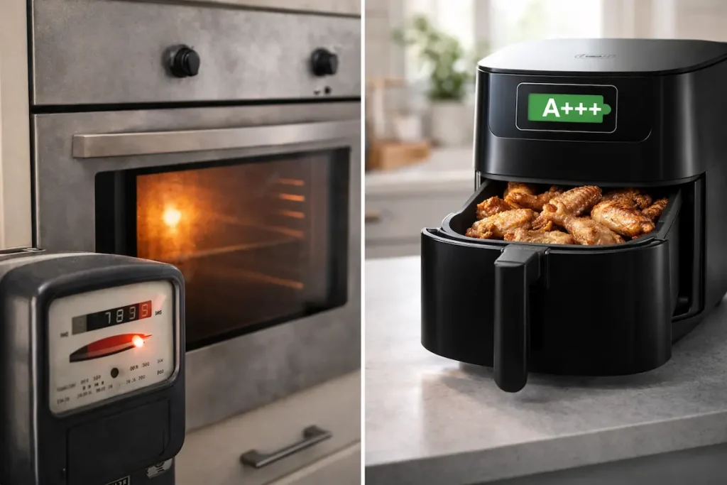 Comparativa de consumo eléctrico entre un horno tradicional (izquierda) y las mejores freidoras de aire (derecha) cocinando pollo
