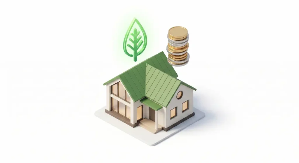 Ilustración isométrica sobre el ahorro económico y la eficiencia energética de la aerotermia en el hogar.