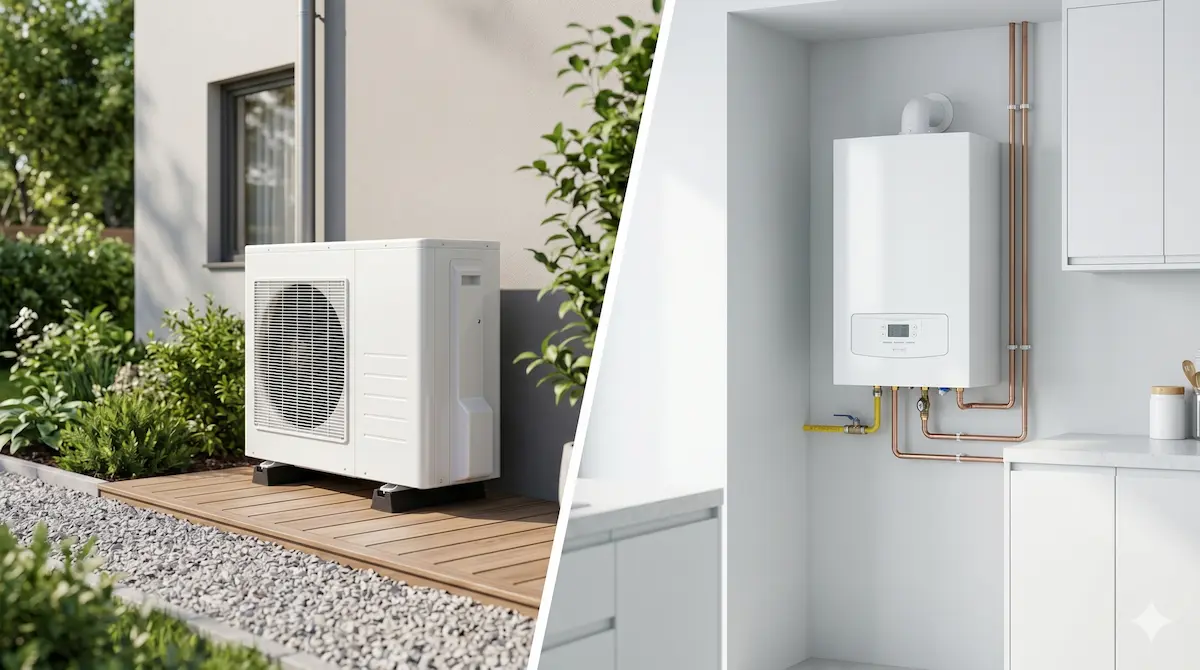 Comparativa visual entre una bomba de calor de aerotermia y una caldera de gas natural de condensación en una vivienda eficiente.