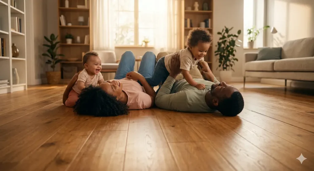 Una familia candidamente disfrutando del calor y el confort de un hogar con suelo radiante por aerotermia.