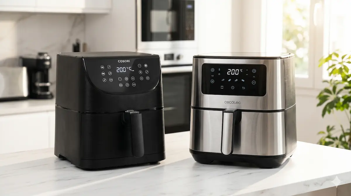 Comparativa directa entre la freidora de aire Cosori 5.5L negra y la Cecotec Cecofry de acero inoxidable en una cocina eficiente moderna.