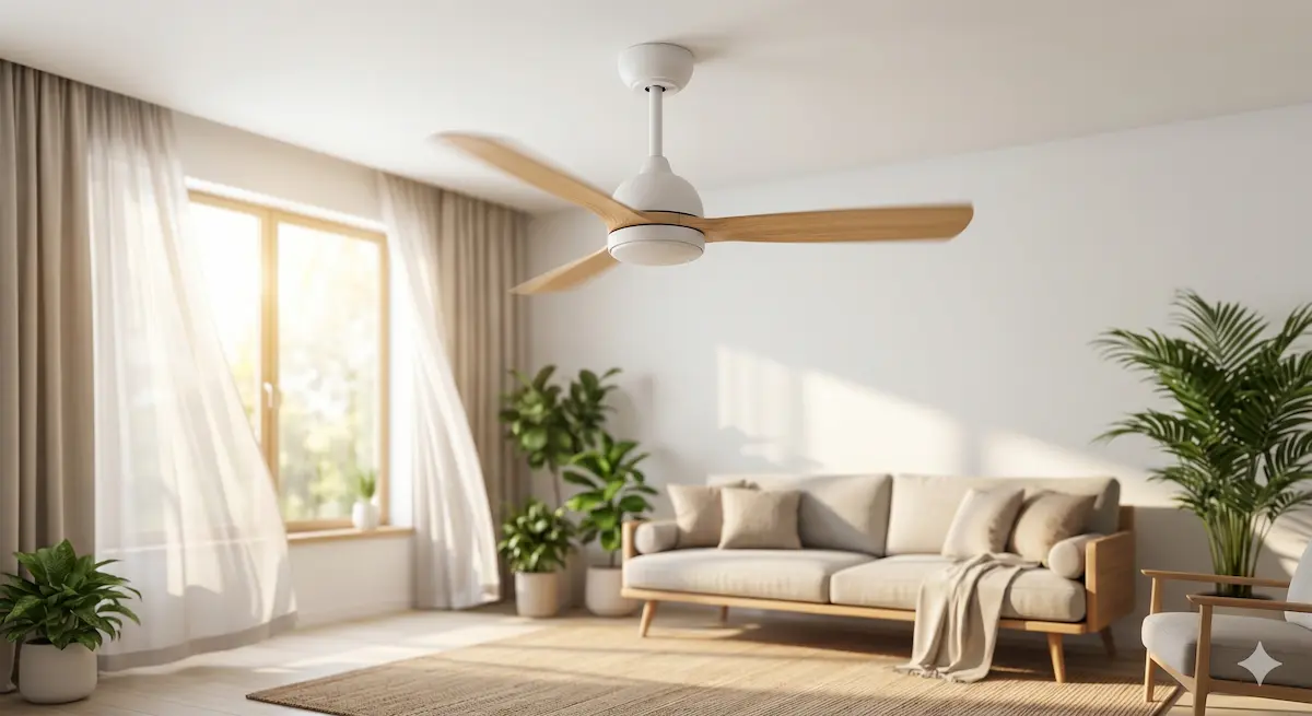 Comparativa visual de los mejores ventiladores de techo con motor DC silenciosos y de bajo consumo en un hogar eficiente.