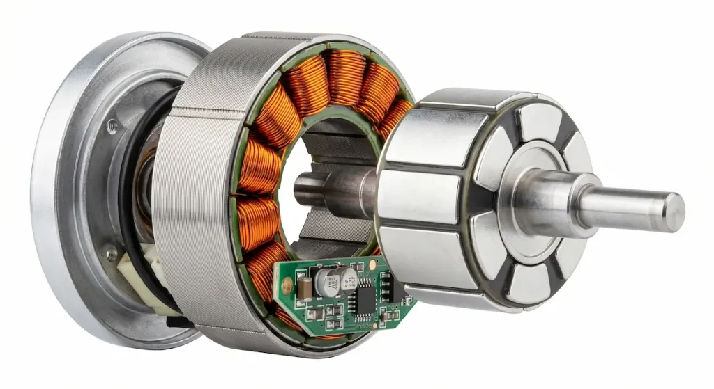 Diferencia técnica entre motor DC y motor AC en ventiladores de bajo consumo, mostrando los bobinados de cobre y la placa de control electrónica.