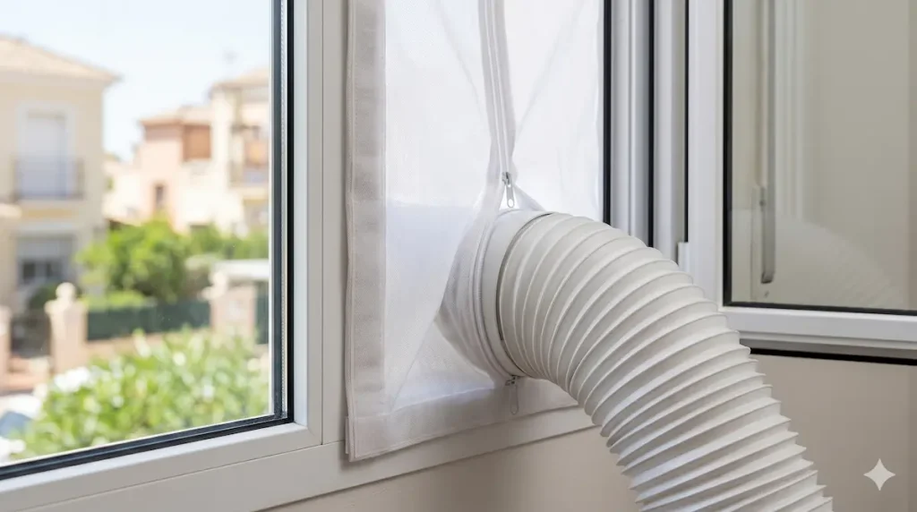 Kit de sellado de ventana para pingüino de aire acondicionado portátil, mostrando cómo aislar el tubo de escape para ahorrar luz.