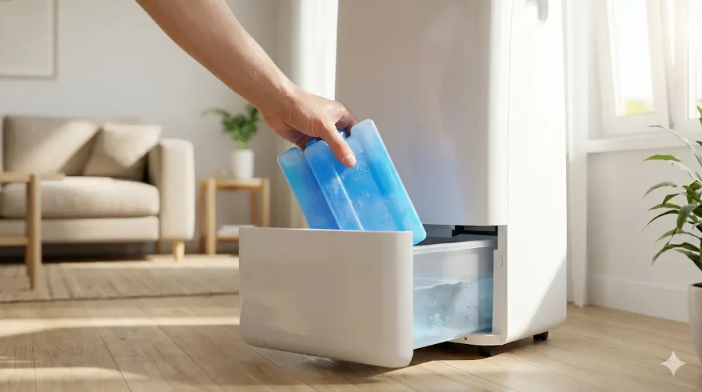 Añadiendo bloques de hielo congelados al depósito de agua de un climatizador evaporativo para maximizar el frío con bajo consumo.