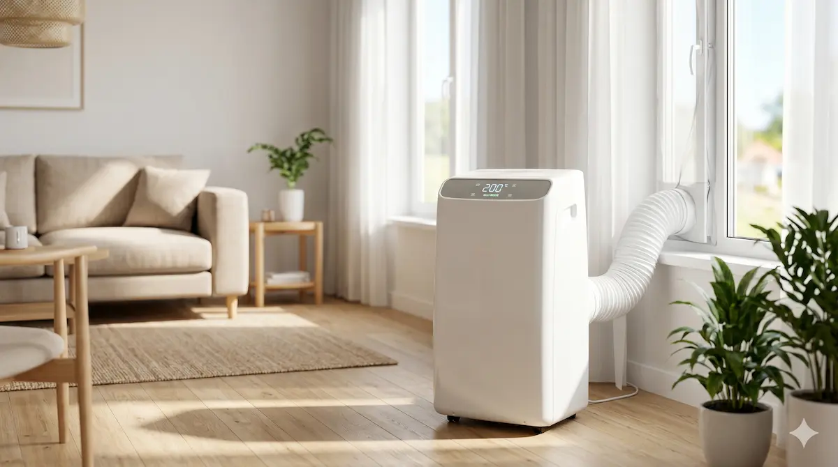 Los mejores aires acondicionados portátiles de bajo consumo enfriando un salón moderno en verano, mostrando el kit de sellado de ventana.