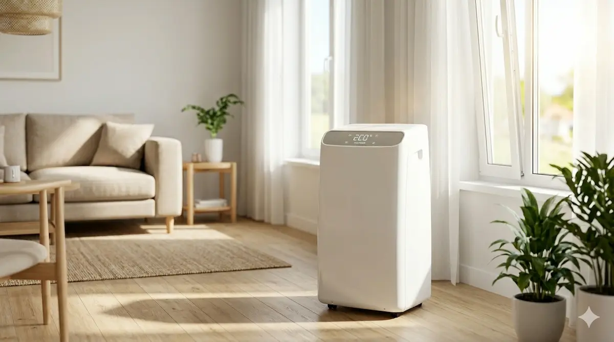 Moderno climatizador evaporativo sin tubo enfriando un salón con la ventana ligeramente abierta, la mejor opción de bajo consumo
