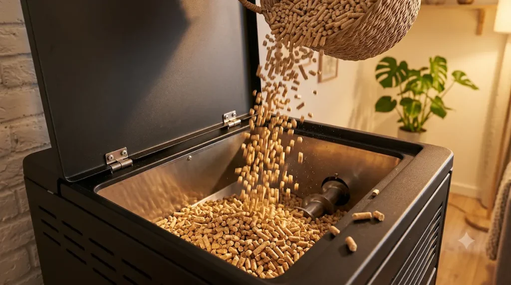 Pellets de madera de alta calidad cayendo en el depósito de la estufa