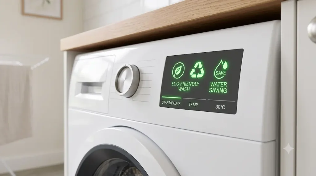 Detalle del panel digital de una lavadora de bajo consumo con programas eco