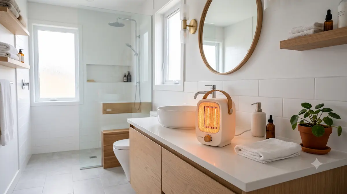 Calefactor cerámico de bajo consumo encendido de forma segura en un baño moderno