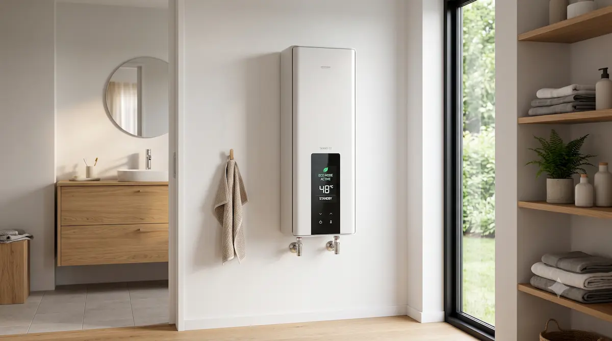 Termo eléctrico de bajo consumo inteligente instalado en una pared moderna