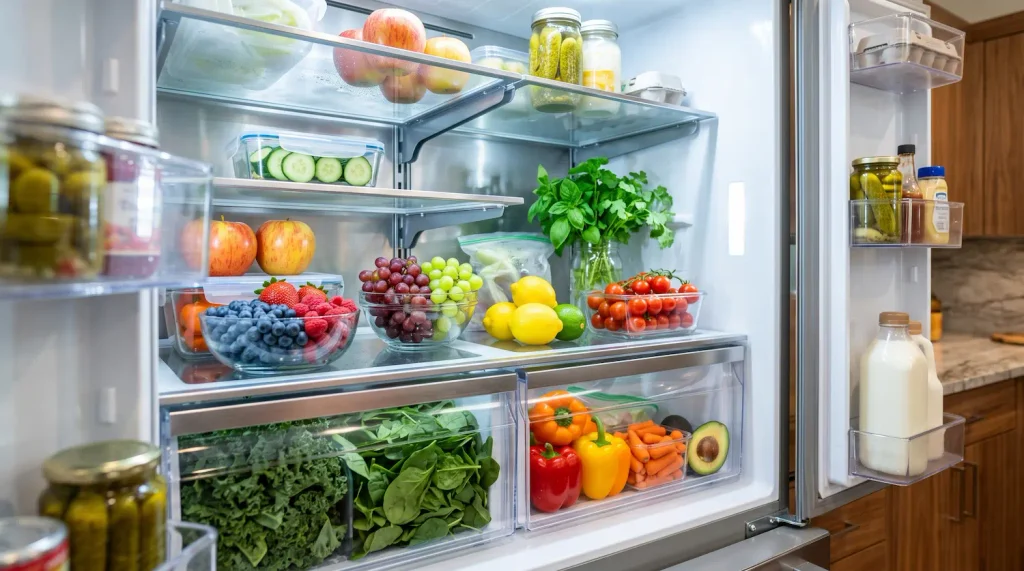 Interior de una nevera de bajo consumo bien organizada con luces LED
