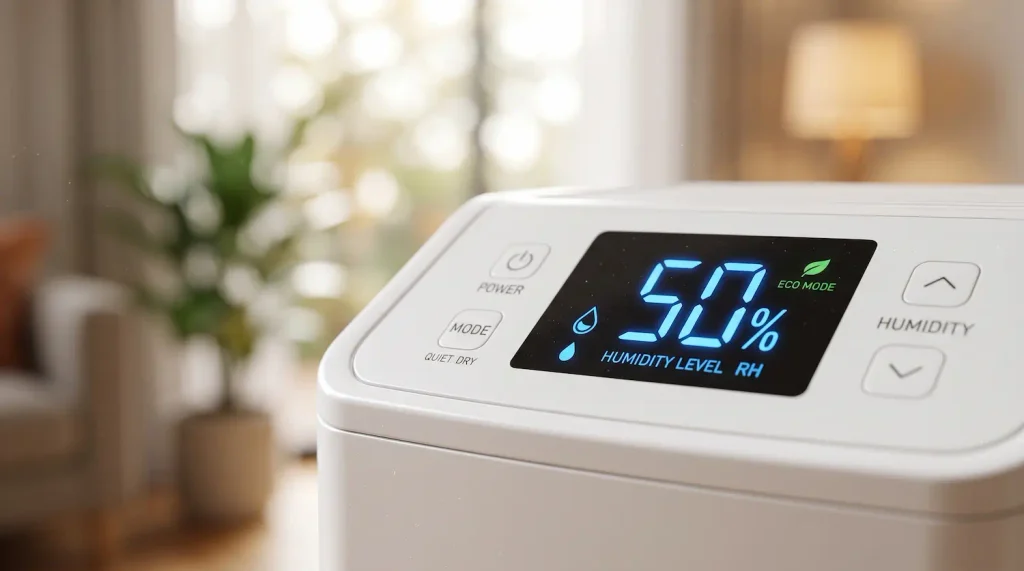 Pantalla digital con higrómetro de un deshumidificador de bajo consumo en modo eco