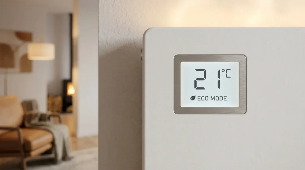 Pantalla de termostato digital en un emisor térmico programable en modo ecológico
